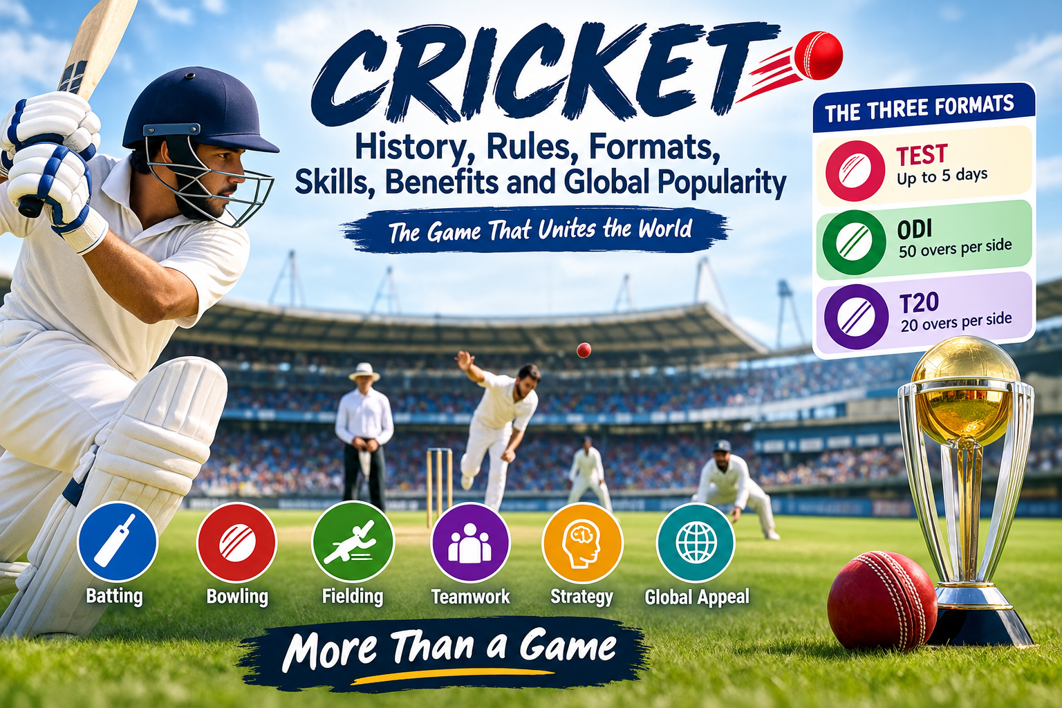 Cricket stadium scene featuring a batsman, bowler, cricket trophy, and visual guide to Test, ODI, and T20 formats, highlighting batting, bowling, fielding, teamwork, strategy, and the global popularity of cricket.